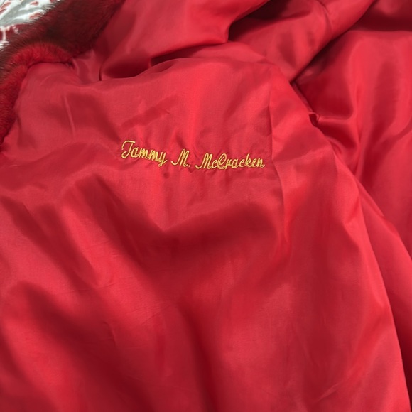 Custom made red mink with fox trimmed hood. - Picture 5 of 15